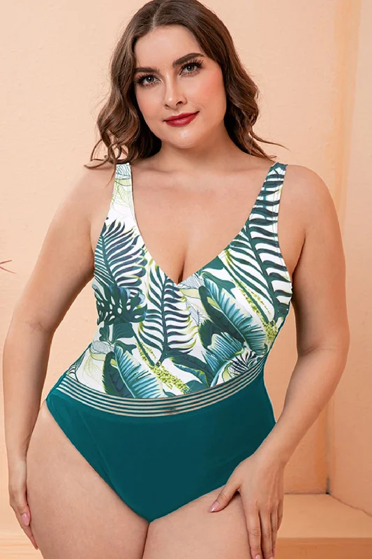 Full Size Two-Tone Plunge One-Piece Swimsuit Tropical Print Bikini