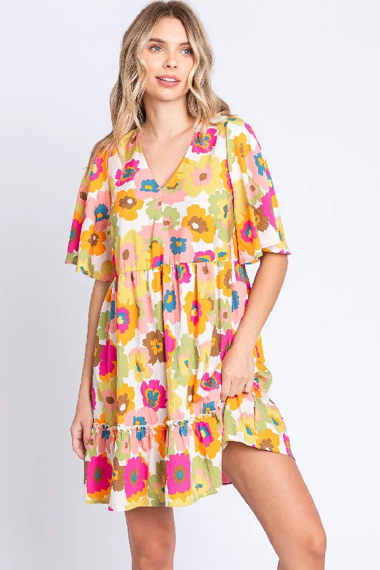 GeeGee Floral V-Neck Ruffle Hem Mini Dress Stylish Button-Down Mini Dress