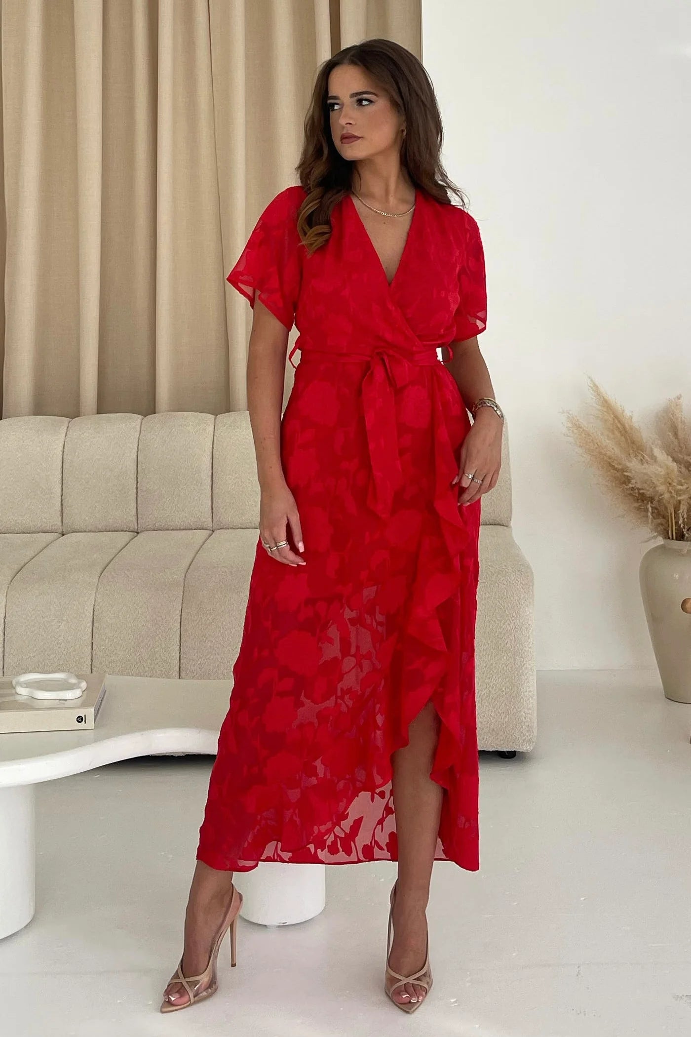 Girl In Mind Farren Wrap Hem Frill Detail Red Midi Dress Chic Floral Print Midi Dress Girl In Mind Farren Wrap Hem Frill Detail Red Midi Dress Chic Floral Print Midi Dress