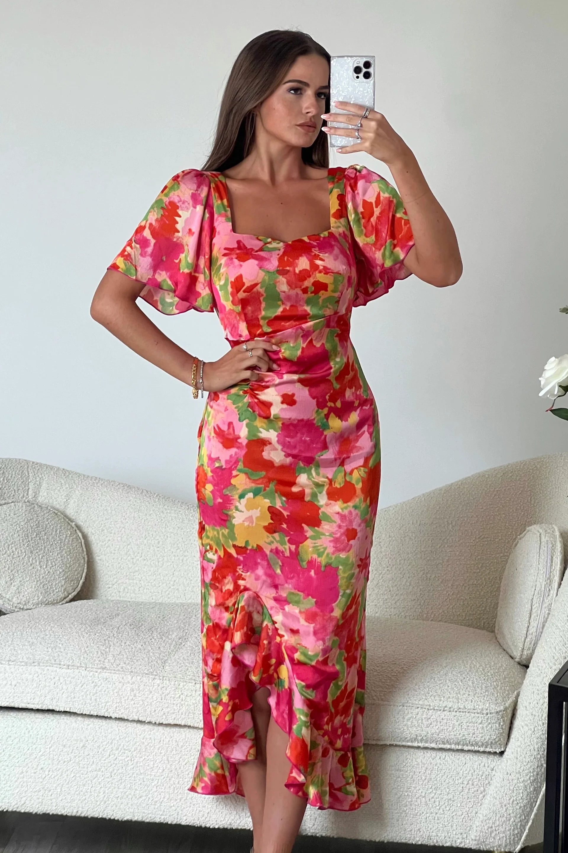Girl In Mind Heidi Orange Floral Midi Dress Chic Lace Detail Midi Dress