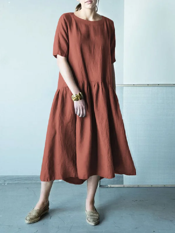 Half Sleeve O-neck Stitching Cotton Casual Plain Women Midi Dress Stylish Striped Midi Dress Half Sleeve O-neck Stitching Cotton Casual Plain Women Midi Dress Stylish Striped Midi Dress
