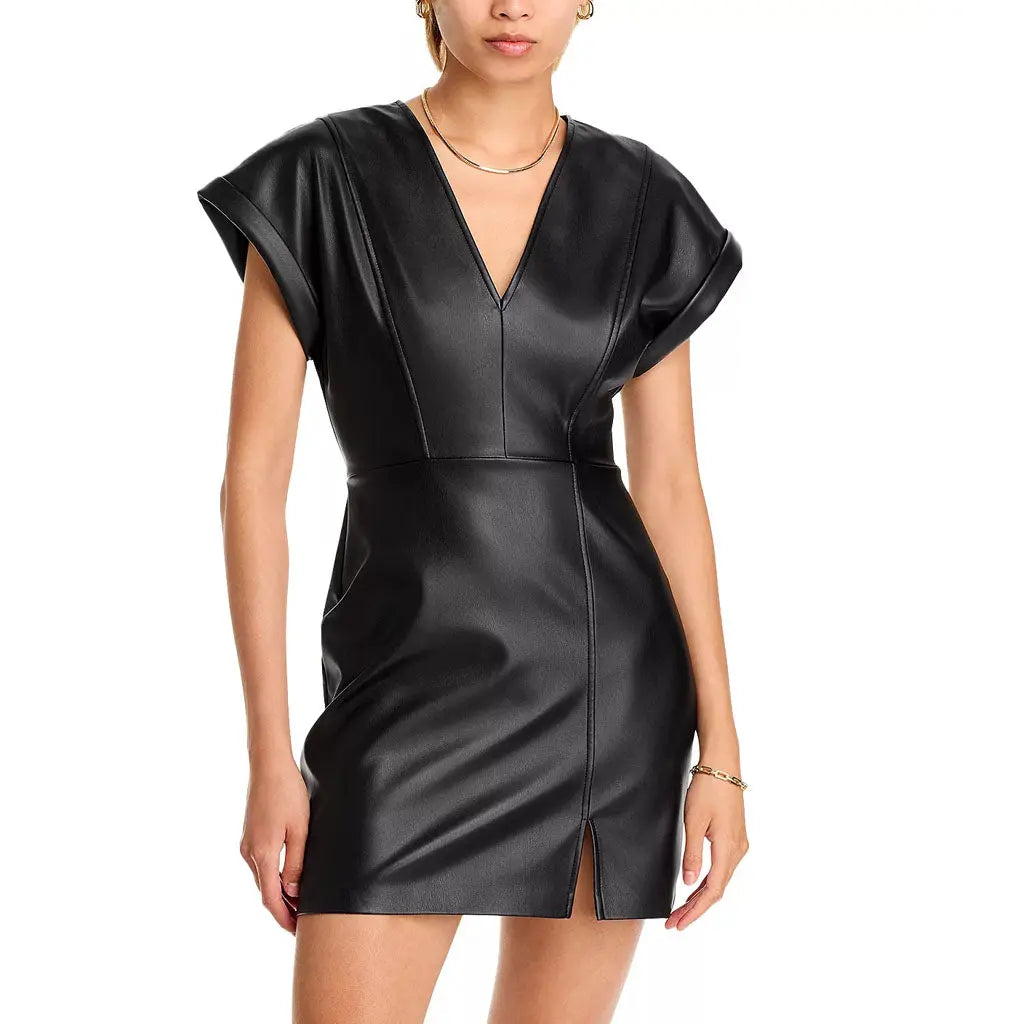 Handmade V-neck Faux Leather Mini Dress Fashionable Button-Front Mini Dress