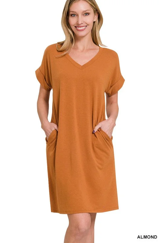 #: Hard To Catch Almond Rolled Sleeve Mini Dress (Size Large) Trendy Camisole Mini Dress