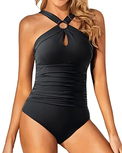 High Neck Keyhole One Piece Swimsuit for Women Vintage Bathing Suit Sporty Swimwear Bottoms