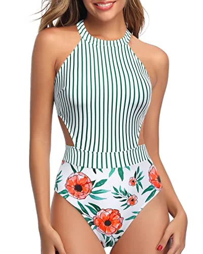 High Neck One Piece Swimsuit Cut Out Swimming Suit Women-White Floral Classic One-Piece