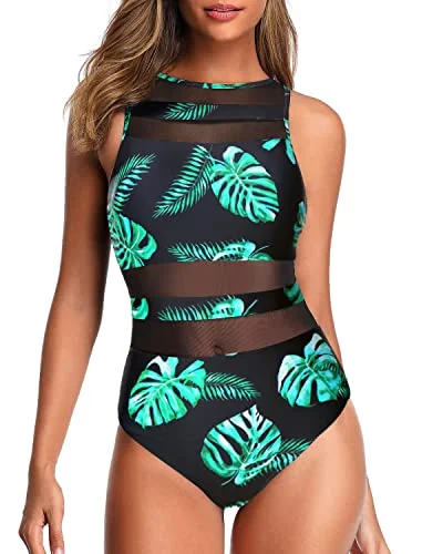 High Neck One Piece Swimsuits Mesh Open Back Swimwear for Women Modern High-Waisted Swimsuit