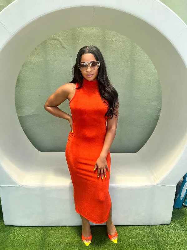 Iconic Mock Neck Cutout Slide Slit Midi Dress Trendy Off-Shoulder Button Midi Dress