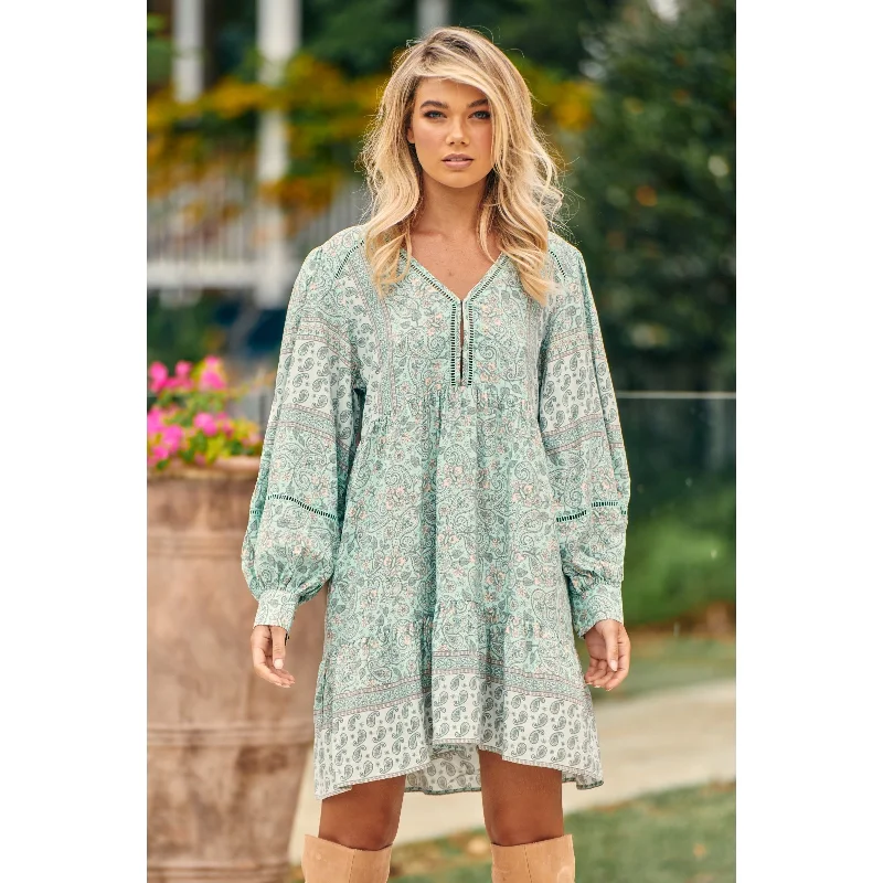 JAASE Mint Paisley Print Leo Mini Dress Trendy Floral Mini Dress