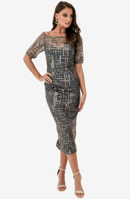 Sheer Sleeved Charcoal Midi Dress by Jadore (JX1080) Fashionable One-Shoulder Midi Dress Sheer Sleeved Charcoal Midi Dress by Jadore (JX1080) Fashionable One-Shoulder Midi Dress