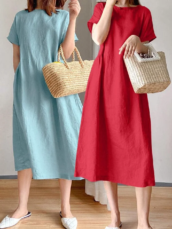 Knee Length Dress Cotton Solid Pockets Women Midi Dress Stylish Midi Dress with Cuffs Knee Length Dress Cotton Solid Pockets Women Midi Dress Stylish Midi Dress with Cuffs
