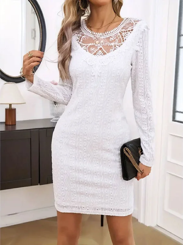 Lace Detail Round Neck Long Sleeve Mini Dress Cozy Ruched Mini Dress