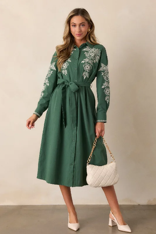 Leaves Of Tomorrow 100% Cotton Forest Green Long Sleeve Midi Dress Fashionable Off-Shoulder Dress Midi