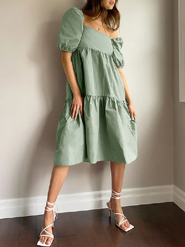 Leisure Puff Sleeve Back Tie Split Stitching Summer Loose Women Midi Dress Fashionable Pleated Midi Dress Leisure Puff Sleeve Back Tie Split Stitching Summer Loose Women Midi Dress Fashionable Pleated Midi Dress