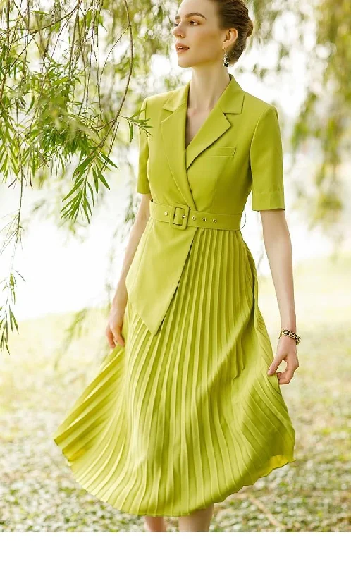 Lime Light Pleated Midi Dress Elegant Lace Trim Midi Dress