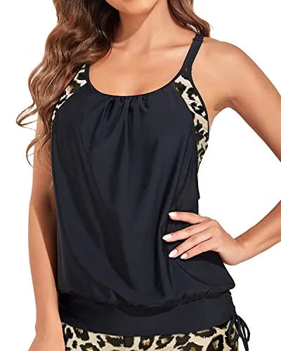 Loose And Long Tankini Tops For Women Tankini Bathing Suit Tops For Women-Black Leopard Plunge Back Swimsuit