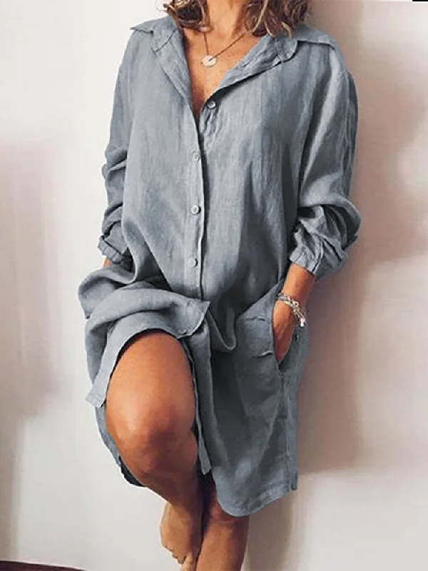 Loose Casual Long Sleeve V-neck Button Pocket Shirt Women Midi Dress Comfortable Casual Midi Dress
