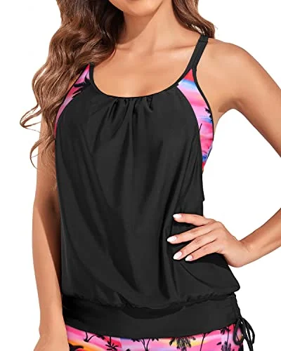 Loose & Long Blouson Tankini Swim Top Women-Black Conut Tree Adjustable Strap Swimsuit