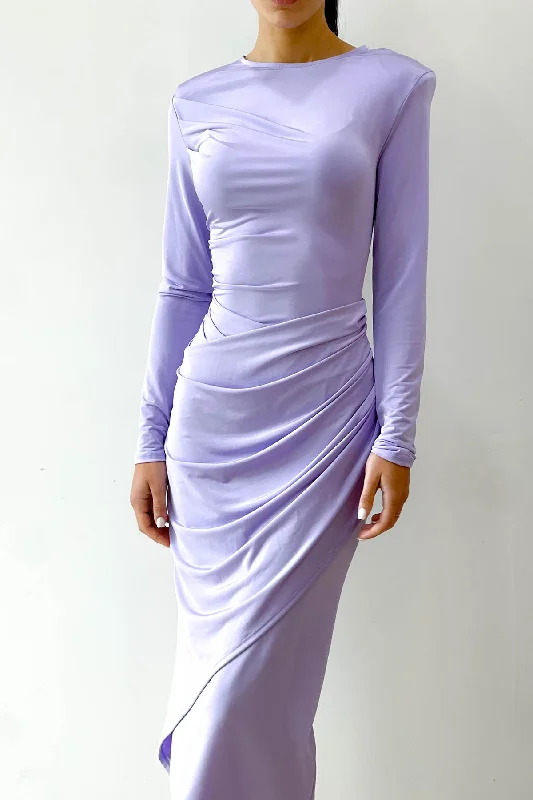Mania Lilac Midi Dress by HSH Trendy Smocked Waist Midi Dress