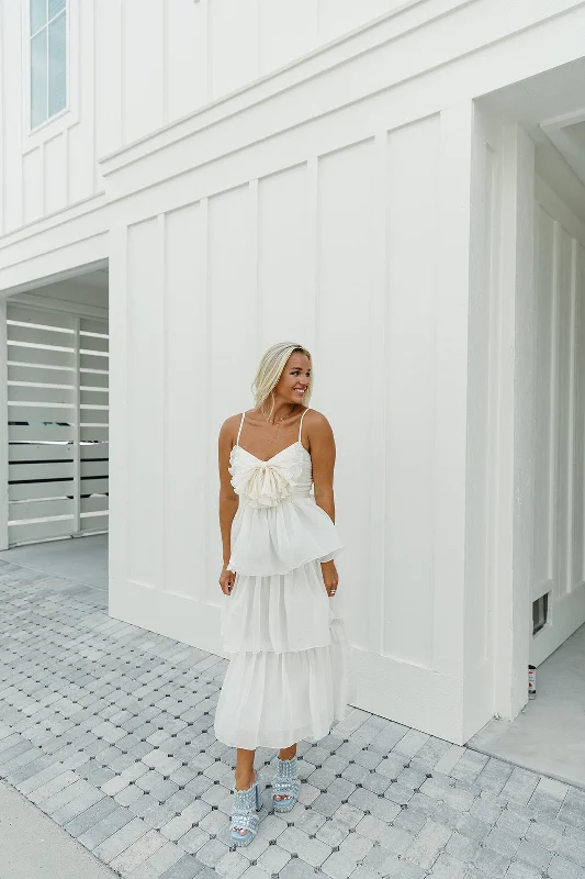 Margaret Midi Dress - Natural Elegant Floral Appliqué Midi Dress