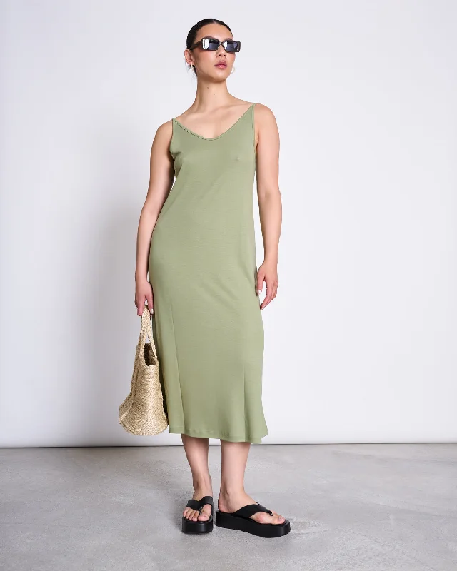 MIDI DRESS TRIANGLE PALE OLIVE Elegant Satin Slip Midi Dress