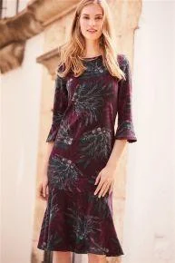 Next Womens Berry Floral Midi Dress Fashionable Sheer Sleeve Midi Dress
