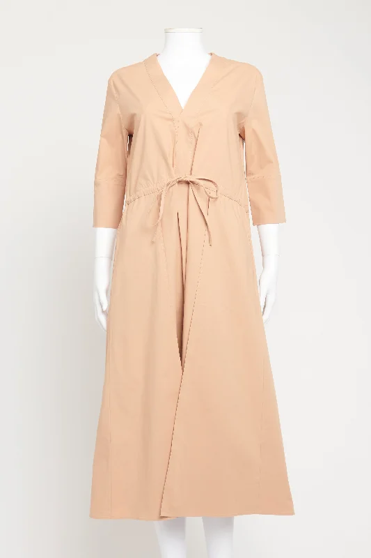 Nude Cotton V-Neck Preowned Midi Dress Trendy Smocked Detail Midi Dress