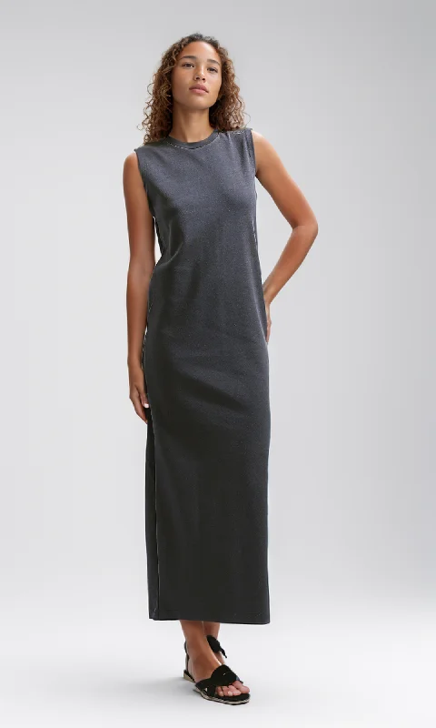 O197712 Slip On Casual Dark Grey Slaveless Midi Dress Stylish Satin Midi Dress