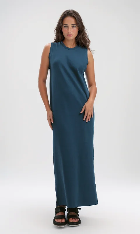 O197714 Slip On Casual Petrol Slaveless Midi Dress Stylish Silk Midi Dress