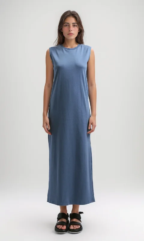 O197717 Sleeveless Solid Feminine Midi Dress - Jeans Blue Comfortable Adjustable Strap Midi Dress