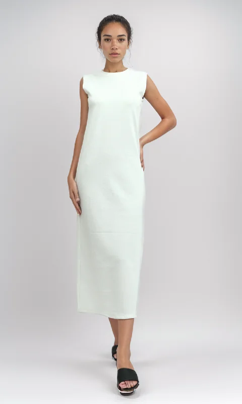 O198120  Slip On Sleeveless Casual White Midi Dress Trendy Ruffled Sleeve Midi Dress