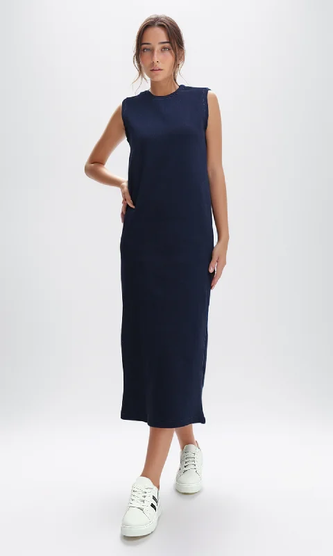 O198525  Slip On Casual Navy Blue Midi Dress Comfortable Stretch Midi Dress
