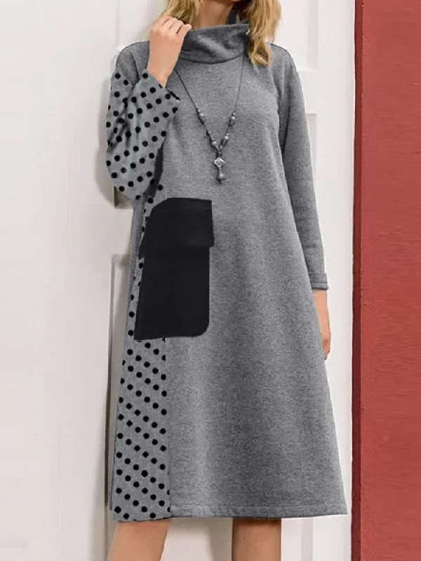 Patchwork Polka Dot Print Drop Shoulder Turtleneck Casual Women Midi Dress Fashionable Shift Midi Dress Patchwork Polka Dot Print Drop Shoulder Turtleneck Casual Women Midi Dress Fashionable Shift Midi Dress