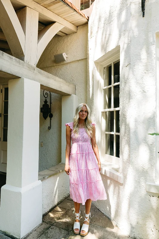 Picnic In The Park Midi Dress - Pink Trendy Flared Sleeve Midi Dress