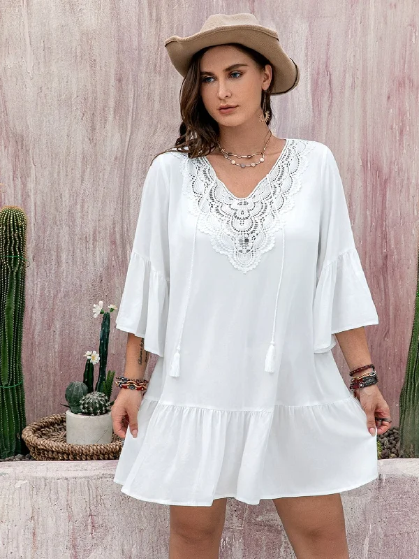 Plus Size Lace Detail Tie Neck Three-Quarter Sleeve Mini Dress Cozy Sweater Mini Dress