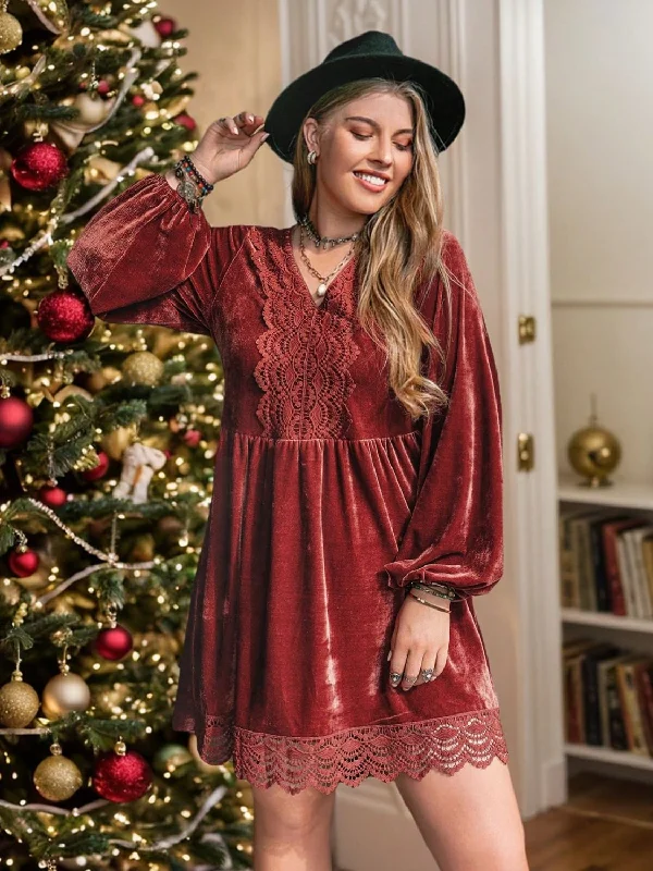 Plus Size Lace Detail V-Neck Long Sleeve Mini Dress Stylish Button-Down Mini Dress