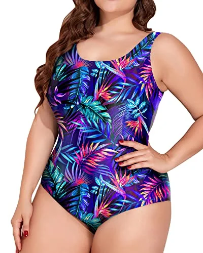 Slimming Plus Size Padded Push Up Bra One Piece Swimsuit-Blue Leaves Floral Print Swimsuit