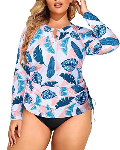 Plus Size Women's Long Sleeve Zipper Rash Guard Swimsuit Two Piece UPF 50+ Sporty Racerback Swimsuit