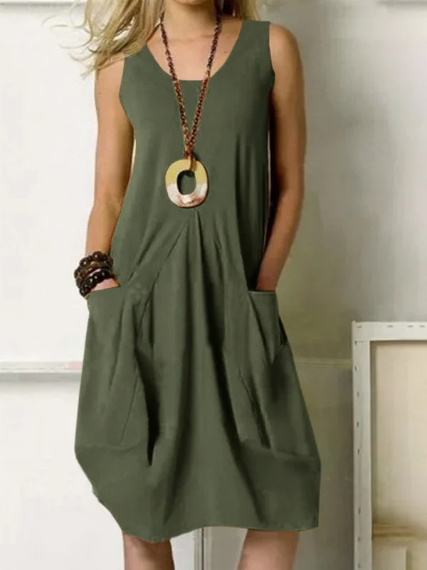 Pocket Sleeveless O-neck Irregular Casual Solid Women Midi Dress Comfortable Wrap Midi Dress Pocket Sleeveless O-neck Irregular Casual Solid Women Midi Dress Comfortable Wrap Midi Dress