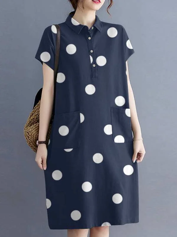 Polka Dot Print Cotton Button Pockets Women Midi Dress Stylish High-Waisted Midi Dress Polka Dot Print Cotton Button Pockets Women Midi Dress Stylish High-Waisted Midi Dress