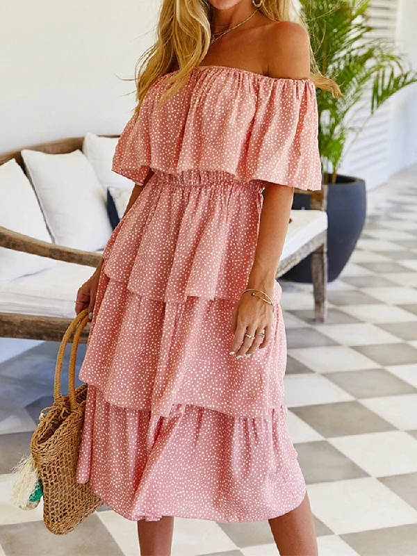 Polka Dot Print Off-shoulder Short Sleeve Layered Women Midi Dress Fashionable Wide Leg Midi Dress Polka Dot Print Off-shoulder Short Sleeve Layered Women Midi Dress Fashionable Wide Leg Midi Dress