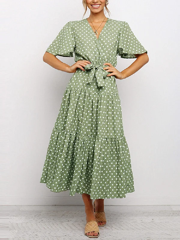 Polka Dot V-neck Short Sleeve Casual Belt Women Midi Dress Comfortable Floral Print Midi Dress