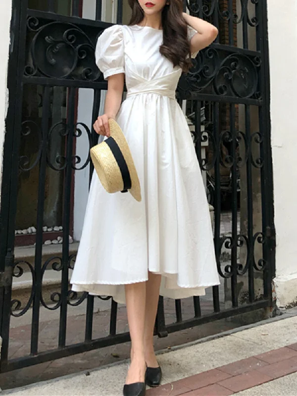 Puff Sleeve Back Zipper Drawstring Pure Color Belted Casual Women Midi Dress Cozy A-Line Midi Dress Puff Sleeve Back Zipper Drawstring Pure Color Belted Casual Women Midi Dress Cozy A-Line Midi Dress