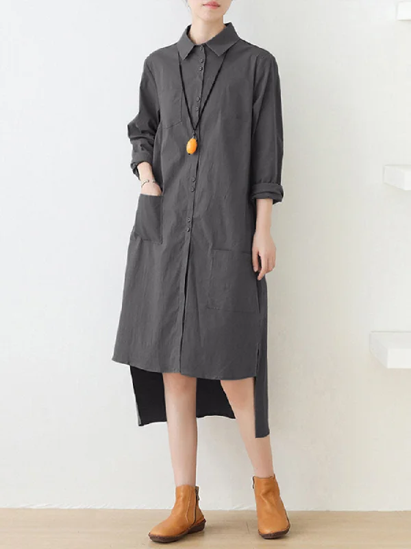 Pure Color Button Pocket Lapel Collar High-low Hem Long Sleeve Shirt Women Midi Dress Fashionable Skater Midi Dress Pure Color Button Pocket Lapel Collar High-low Hem Long Sleeve Shirt Women Midi Dress Fashionable Skater Midi Dress