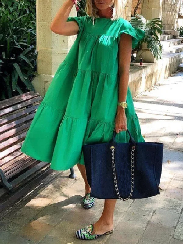 Pure Color Loose Ruffles Short Sleeve Casual Women Midi Dress Comfortable Fit-and-Flare Midi Dress Pure Color Loose Ruffles Short Sleeve Casual Women Midi Dress Comfortable Fit-and-Flare Midi Dress