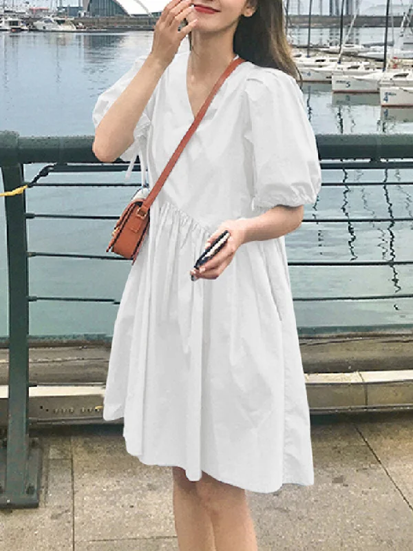 Pure Color Puff Sleeve V-neck Pleats Plain Daily Casual Women Midi Dress Cozy Ribbed Knit Midi Dress Pure Color Puff Sleeve V-neck Pleats Plain Daily Casual Women Midi Dress Cozy Ribbed Knit Midi Dress