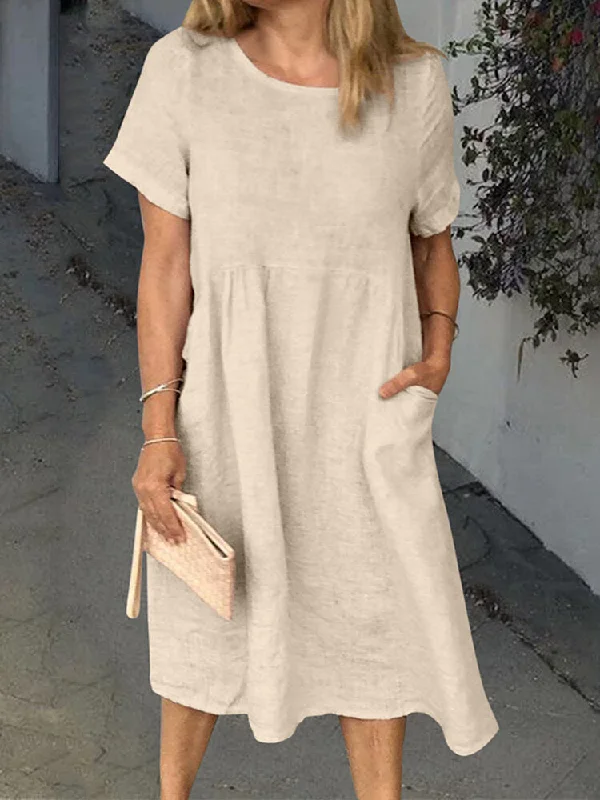 Pure Color Round Neck Pocket Short Sleeve Daily Casual Women Midi Dress Trendy Boho Midi Dress Pure Color Round Neck Pocket Short Sleeve Daily Casual Women Midi Dress Trendy Boho Midi Dress