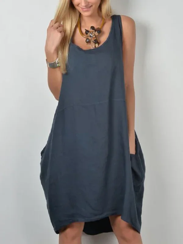 Pure Color Scoop Neck Big Pocket Sleeveless Casual Women Midi Dress Trendy Fit-and-Flare Midi Dress Pure Color Scoop Neck Big Pocket Sleeveless Casual Women Midi Dress Trendy Fit-and-Flare Midi Dress