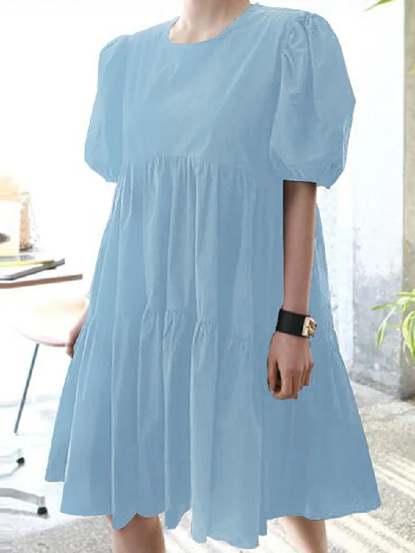 Pure Color Tiered Round Neck Stitching Casual Short Sleeve Women Midi Dress Trendy Midi Dress with Belt Pure Color Tiered Round Neck Stitching Casual Short Sleeve Women Midi Dress Trendy Midi Dress with Belt
