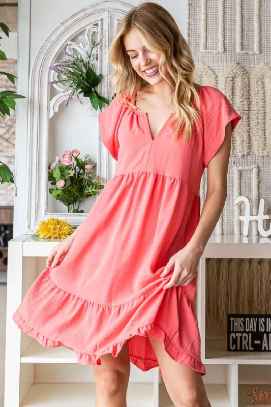 Coral Ruffled Notched Cap Sleeve Midi Dress Classic Black Midi Dress