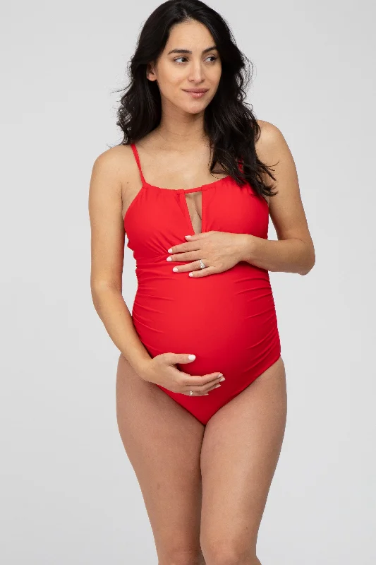 Red Back Tie Cutout One Piece Ruched Maternity Swimsuit Adjustable Swim Top